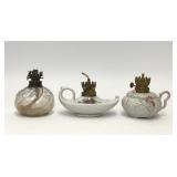3 VTG SMALL OIL LAMPS PORCELAIN GLASS