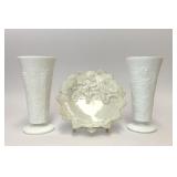 3 PIECES MILK GLASS GRAPE VASE WOLF PLATE