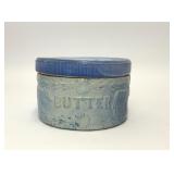 ANTIQUE BLUE SALT GLAZE STONEWARE COW BUTTER CROCK