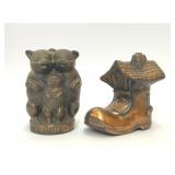 2 VTG COPPER TONE COIN BANKS 3 PIGS SHOE HOUSE