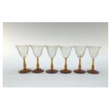 6 ANTIQUE CORDIAL GLASSES, AMBER STEMS
