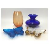 PINK & COBALT BLUE GLASS VASES BUTTERFLY DISHES