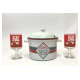 TOBASCO HOT SUCE TUREEN & 2 RED EYE DRINK GLASSES