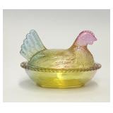 MULTI COLOR GLASS HEN ON A NEST CANDY DISH
