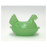 GREEN GLASS HEN ON A NEST CANDY DISH