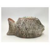 VTG TERRACOTTA POTTERY FISH PLANTER WITH SEASHELLS