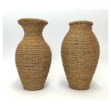 2 BROWN WOVEN ROPE SEAGRASS BASKET VASES