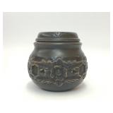 VTG BLACK FLORAL HANDCARVED WOODEN JAR