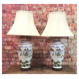 PAIR VTG HANDPAINTED PORCELAIN SWAN VASE LAMPS