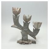 VTG PINK CARVED STONE 3 TULIP CANDLE HOLDER