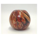 BLACK RED WHITE SWIRL CASED GLASS ORB VASE