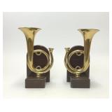 VTG SOLID BRASS HORN WOOD BOOKENDS ENGLAND