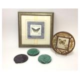 BUTTERFLY ART RESIN TRIVET & 3 GLASS PAPERWEIGHTS