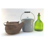 CAST IRON KETTLE, GRANITEWARE, GREEN BOTTLE