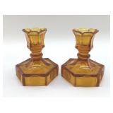 1958 FOSTORIA COIN AMBER GLASS CANDLESTICKS