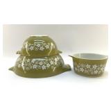 PYREX CRAZY DAISY, MIXING BOWLS, CASSEROLE 1972