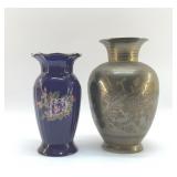 2 VTG VASES BRASS ETCHED, COBALT CERAMIC