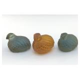 3 SMALL, LUCITE, QUAIL FIGURINES