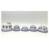 5 VTG BLUE WHITE CERAMIC DESSERT MOLDS WALL DECOR