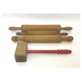 3 VTG WOODEN ROLLING PINS & WOODEN MALLET