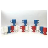 13 VTG RED WHITE BLUE MILK GLASS PEDESTAL MUGS