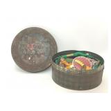 VTG ROUND METAL TIN WITH SEWING ITEMS THREAD