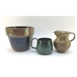 POTTERY PITCHER, CUP, FLOWER POT