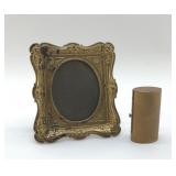 ANTIQUE TIN PICTURE FRAME, BRASS COMPACT