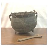 ANTIQUE TRIPOD CAST IRON CAULDRON & WRENCH