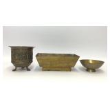 2 BRASS PLANTERS AND BRASS PEDESTAL BOWL