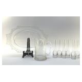 BAR ETCHED PITCHER, SHOT GLASSES, CLEOPATRA TRAY