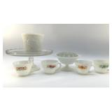 ASSORTED MILK GLASS, FIRE KING CUPS, CAKE PEDESTAL
