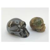 2 CARVED MINERAL SKULLS AGATE, HEMATITE
