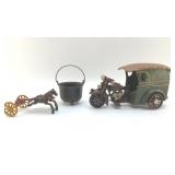 CAST IRON MOTORCYCLE WAGON, 3 LEGGED POT, HORSES