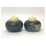 PAIR OF GREEN MARBLE STONE VOTIVE CANDLEHOLDERS