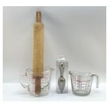 VTG ROLLING PIN, MEASURING CUPS, PYREX, JUICE