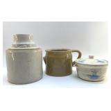 3 POTTERY CROCKS, CASSEROLE