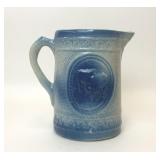 ANTIQUE BLUE WHITE STONEWARE COW MILK PITCHER