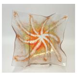 SQUARE ABSTRACT ORANGE STARBURST ART GLASS BOWL
