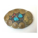 VTG INDIAN HEAD CENT TURQUOISE CORAL BELT BUCKLE