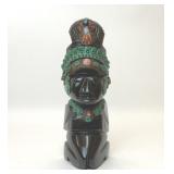 VTG HANDCARVED OBSIDIAN JEWELED MAYAN CHIEF FIGURE