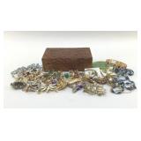 WOOD CARVED BOX WITH COSTUME JEWELRY