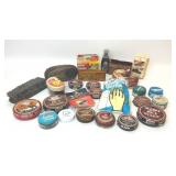 LARGE ASSORTMENT VTG SHOE SHINE POLISH TINS TOOLS