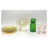 ASSORTED COLORED GLASS PLATES JAR CORDIALS