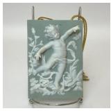 VTG GREEN WHITE JASPERWARE CHERUB WALL PLAQUE
