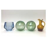 GREEN BLOWN GLASS ORBS CRACKLE PITCHER VASE