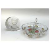 PAINTED CANDLEWICK TIDBIT TRAY, CAT PAPERWEIGHT