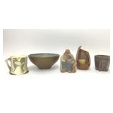 5 PIECES ASSORTED POTTERY NATIVE ART MUG BOWL