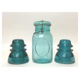 2 VTG HEMINGRAY BLUE GLASS INSULATORS BALL JAR