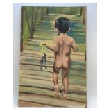 NUDIE FISHING BOY OIL PAINTING